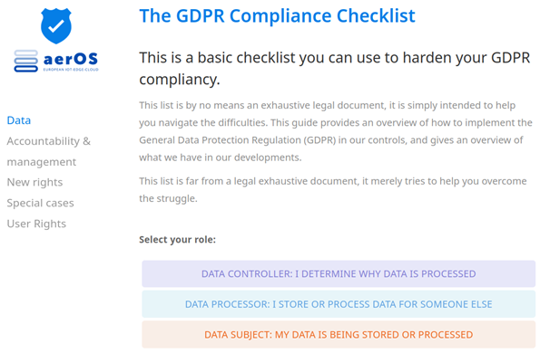 aerOS GDPR compliance checklist.